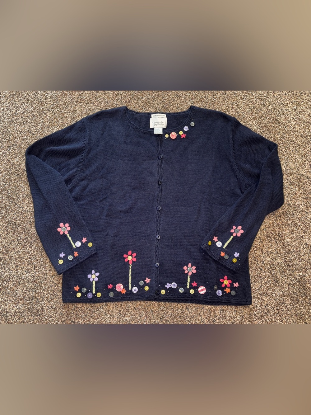 Hand Embroidered Navy Blue Floral Button Cardigan Sweater Women’s Large Vintage